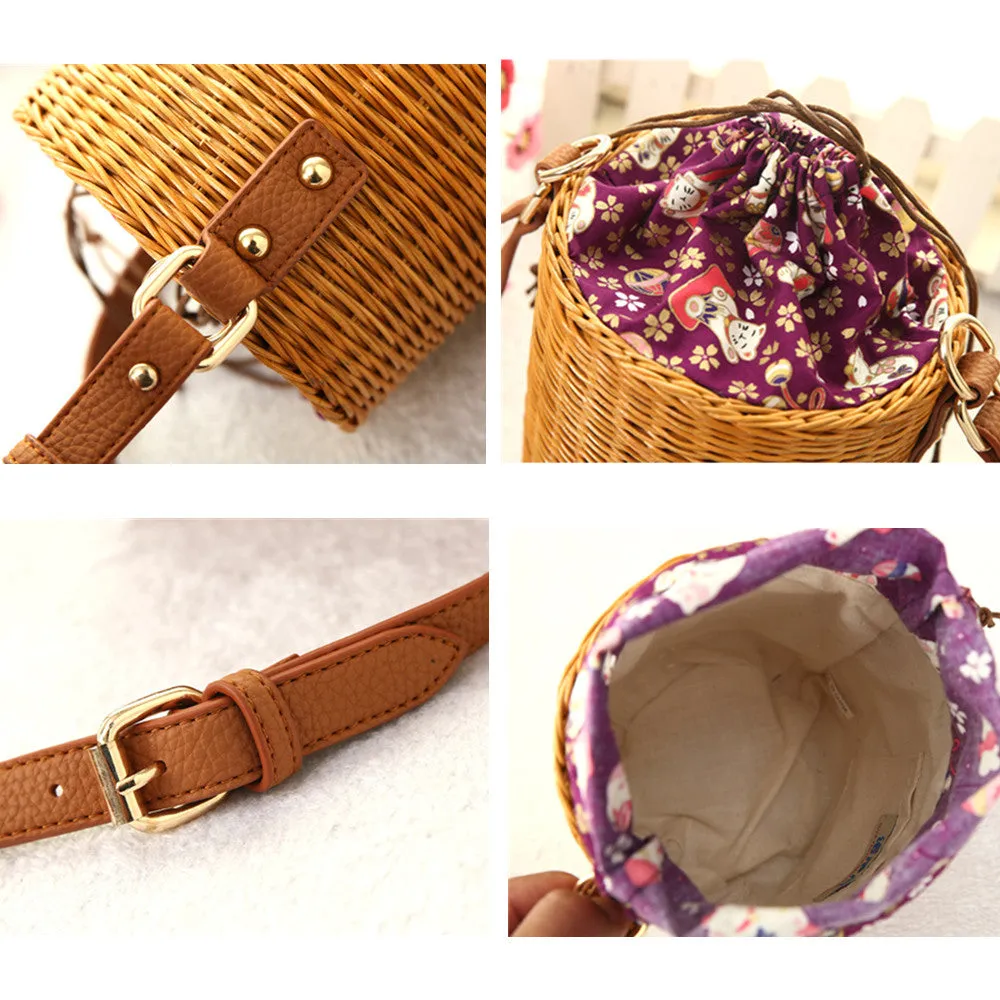 Rattan Bucket Lady Beach Handbag