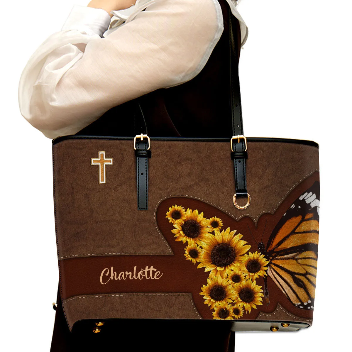 Sunflower And Butterfly Personalized Large Leather Tote Bag Spiritual Gifts For Women of God - Religious Gifts For Women Of God