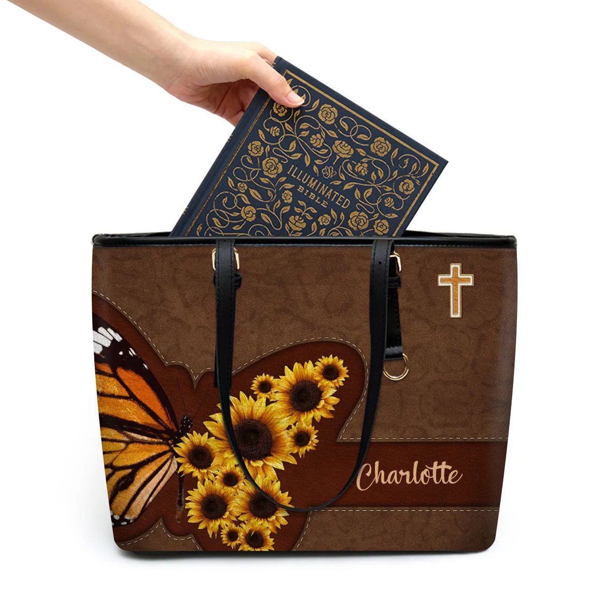 Sunflower And Butterfly Personalized Large Leather Tote Bag Spiritual Gifts For Women of God - Religious Gifts For Women Of God