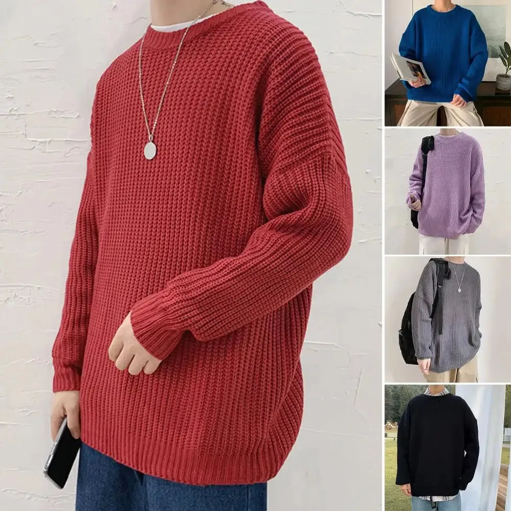 Toleet Y2K Street Style Men Sweater Round Neck Long Sleeves Anti-shrink Stretchy Knit Sweater Loose Pullover Elastic Autumn Sweater Men Clothes