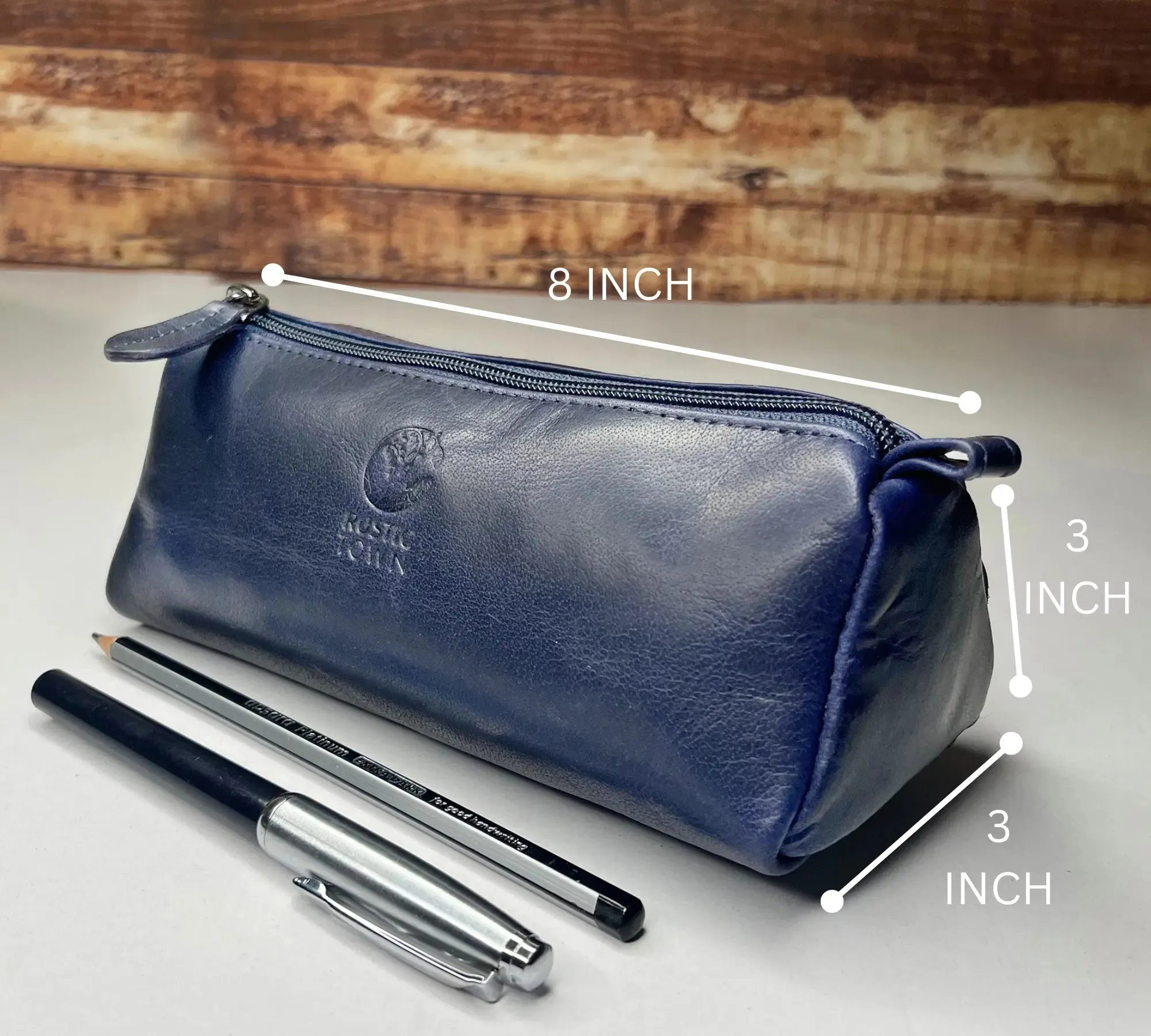 Tom Leather Pencil Case - Zippered Pen Pouch (Royal Blue)