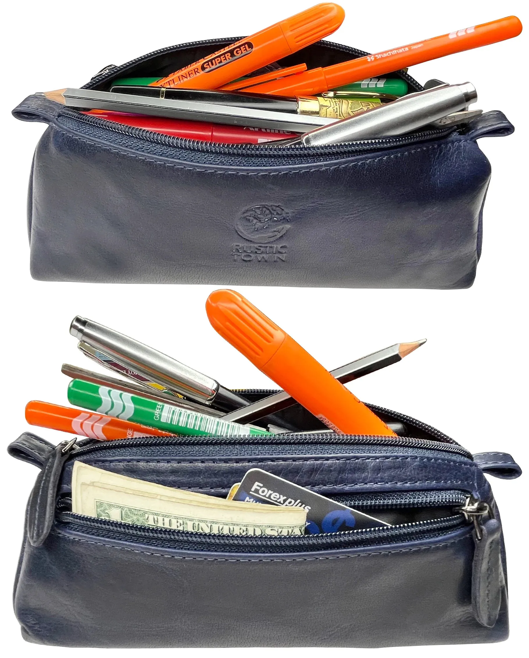 Tom Leather Pencil Case - Zippered Pen Pouch (Royal Blue)