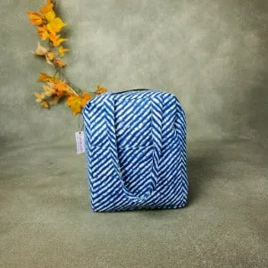 Water Proof Cotton Lunch Bag Blue with White Geometrical Prints Design