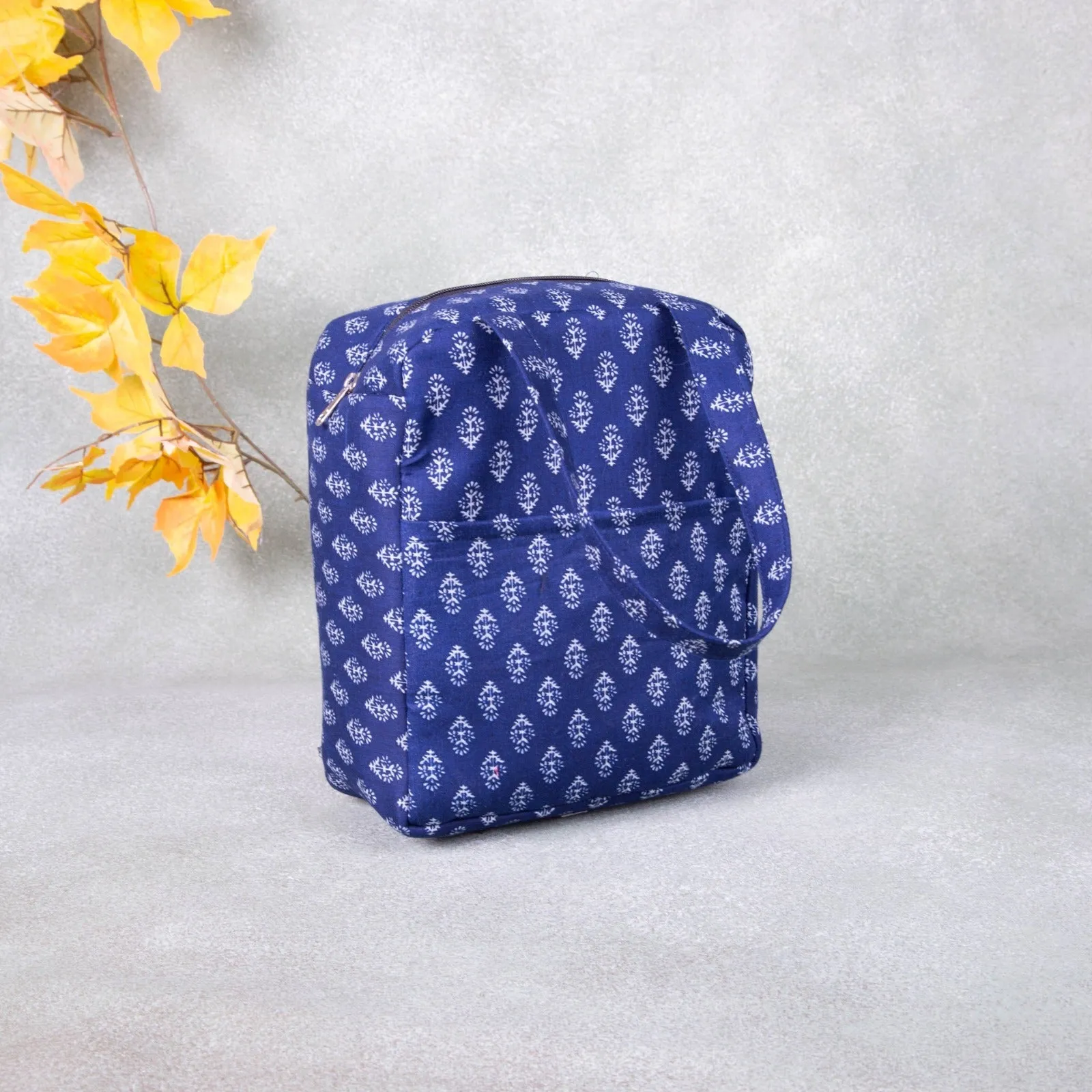 Water Proof Cotton Lunch Bag Dark Blue Color with Small flower Design