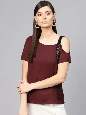 Wine Sequin One Shoulder Strap Top