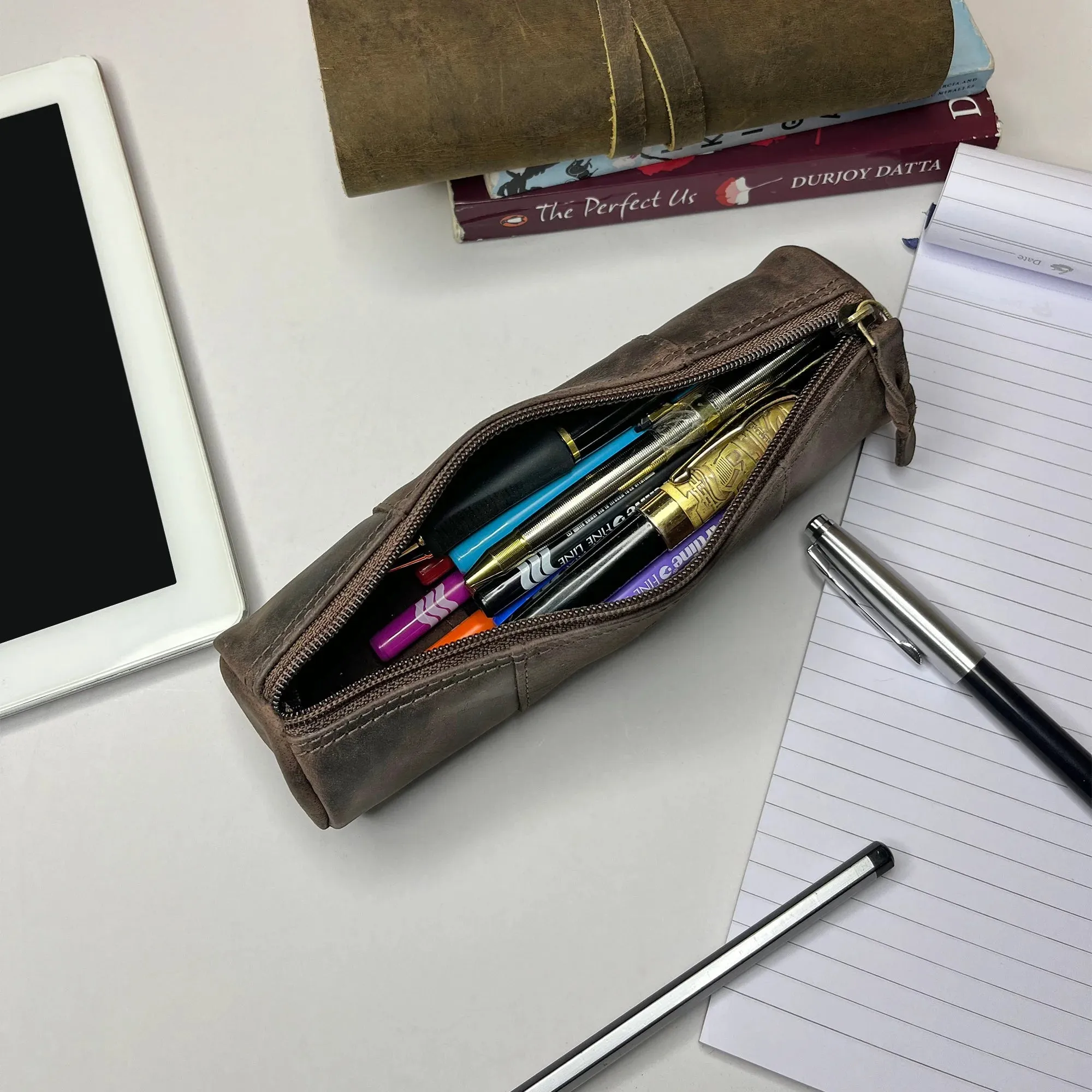 Winnie Leather Zipper Pen Pencil Case (Walnut)