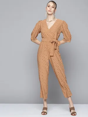 Women Brown Schiffli Power Shoulder Jumpsuit