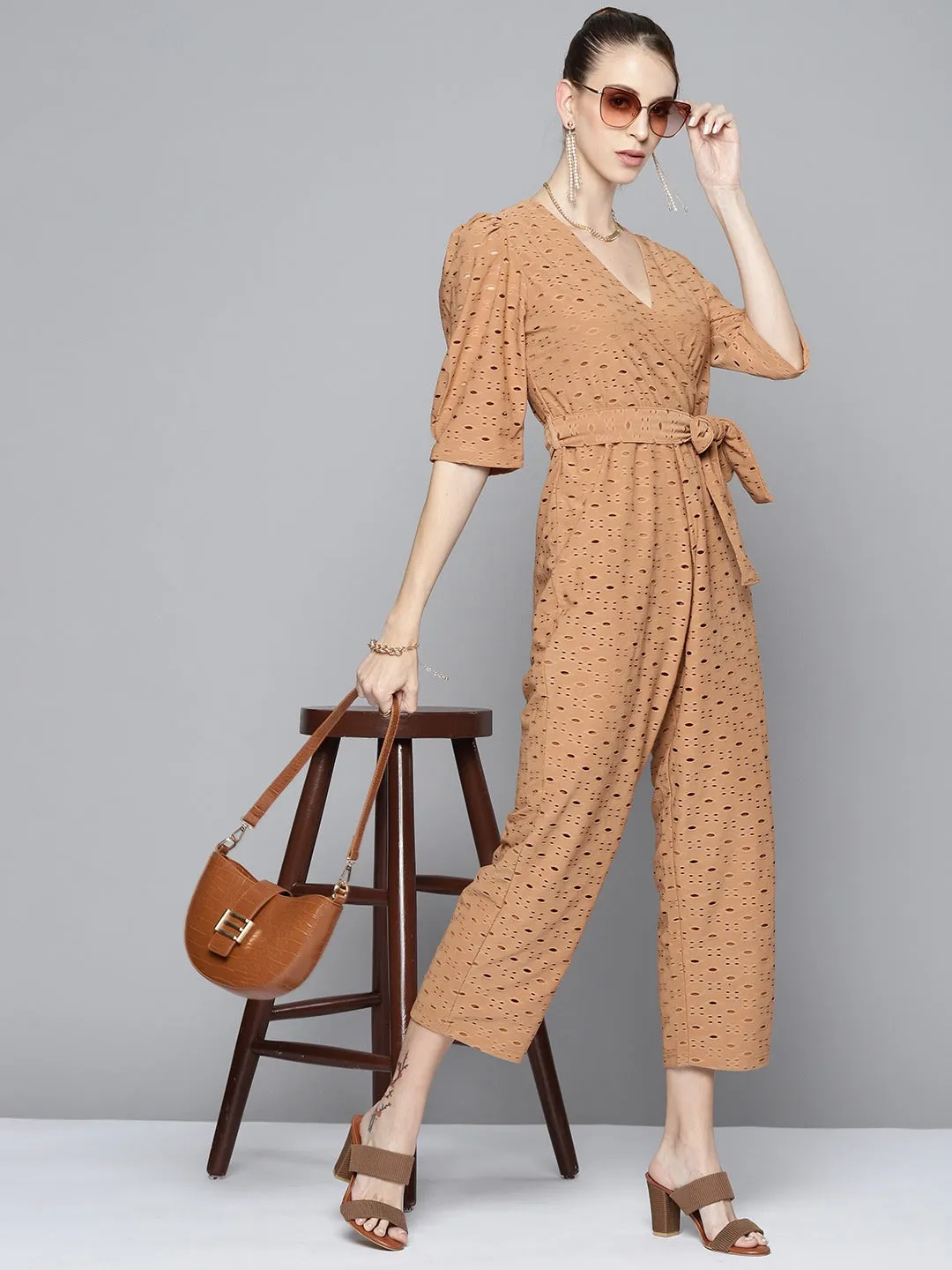 Women Brown Schiffli Power Shoulder Jumpsuit