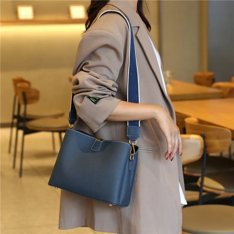 Women Genuine Leather Bag Bucket Handbag Lady Casual Shoulder Bag