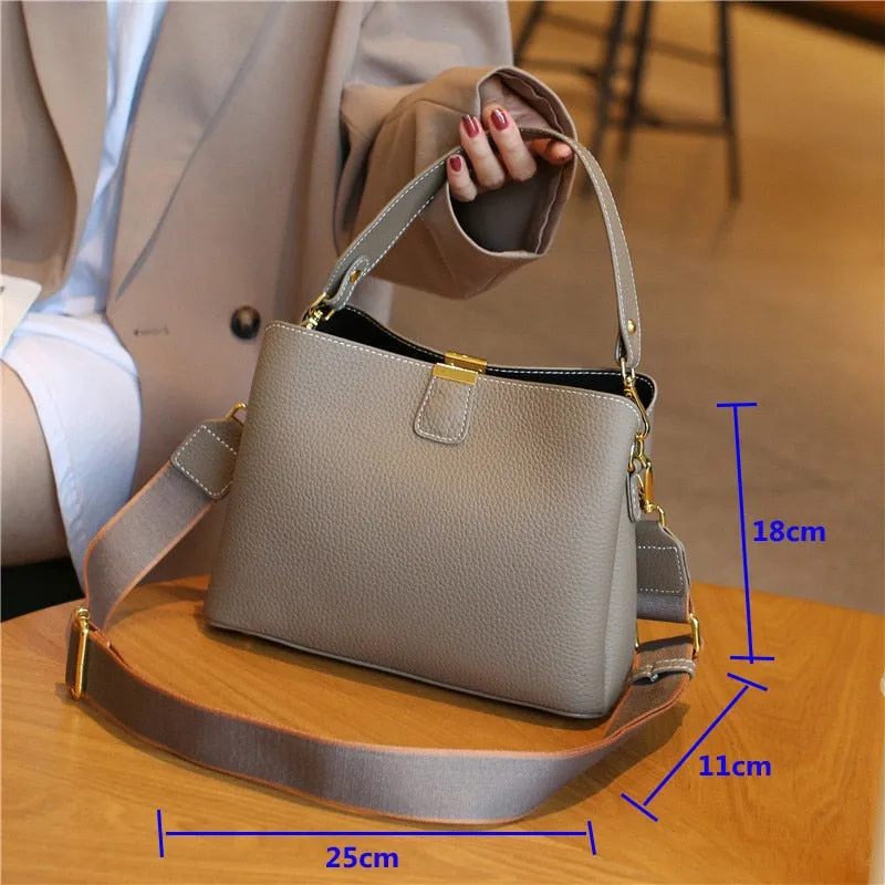 Women Genuine Leather Bag Bucket Handbag Lady Casual Shoulder Bag