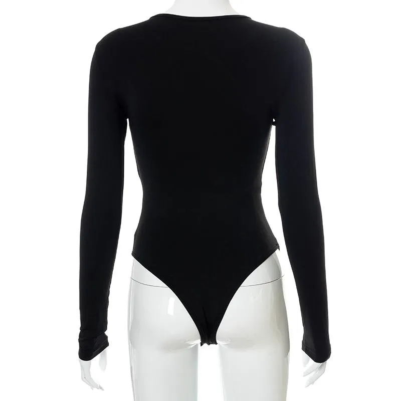 Women Sexy Cross Cut Out Long Sleeve Bodysuit