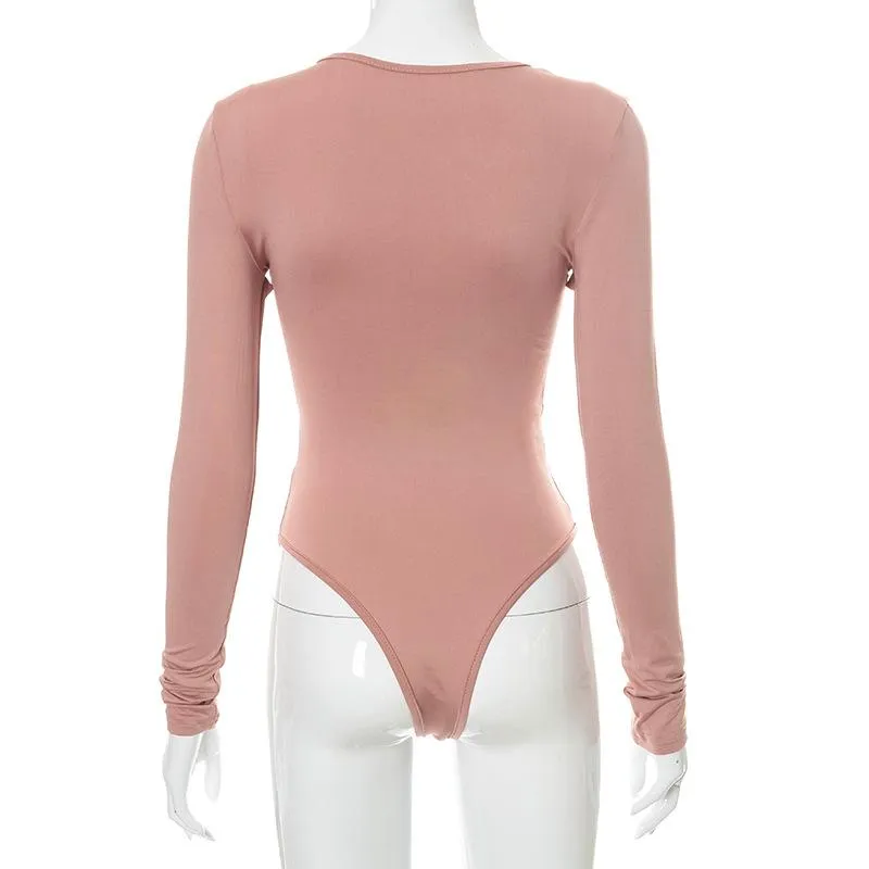 Women Sexy Cross Cut Out Long Sleeve Bodysuit