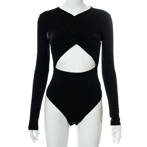 Women Sexy Cross Cut Out Long Sleeve Bodysuit