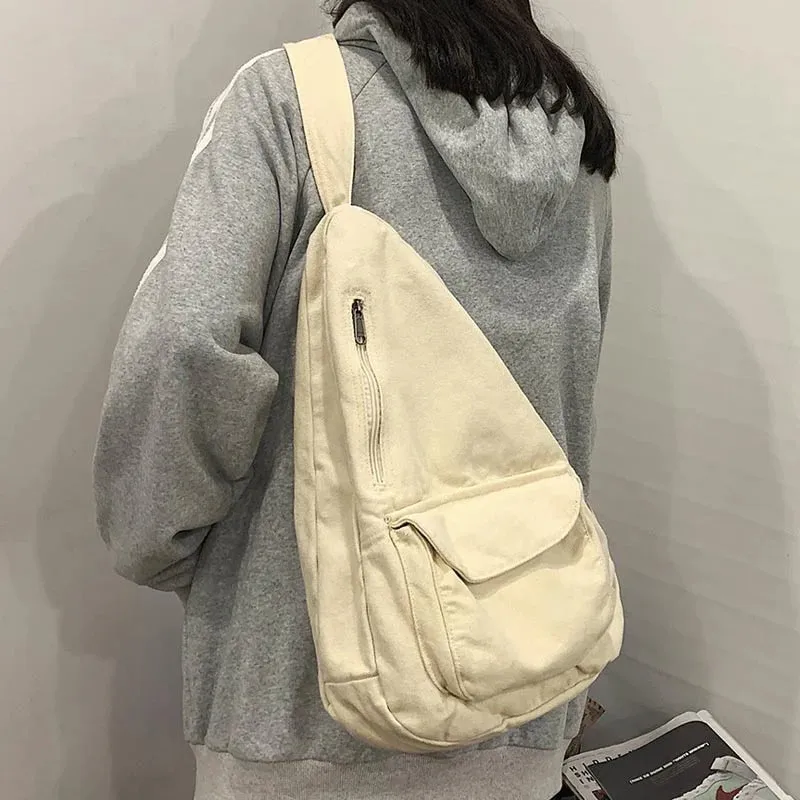 Women Shoulder Messenger Bag Canvas Crossbody Solid Color Chest Bag