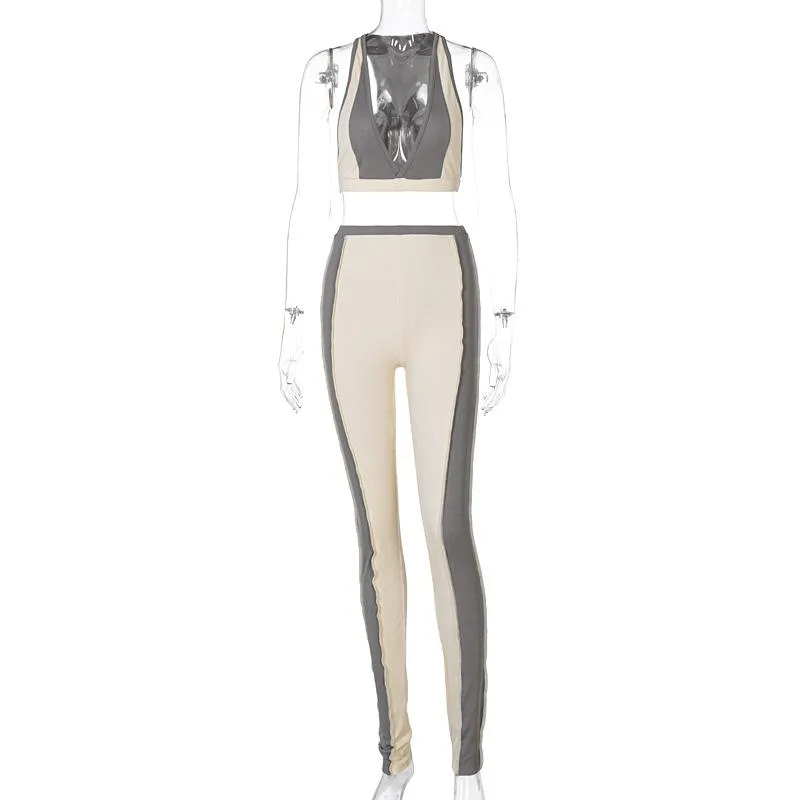 Women Sleeveless V-Neck Sporty Crop Top Pencil Leggings Co-ord Suit