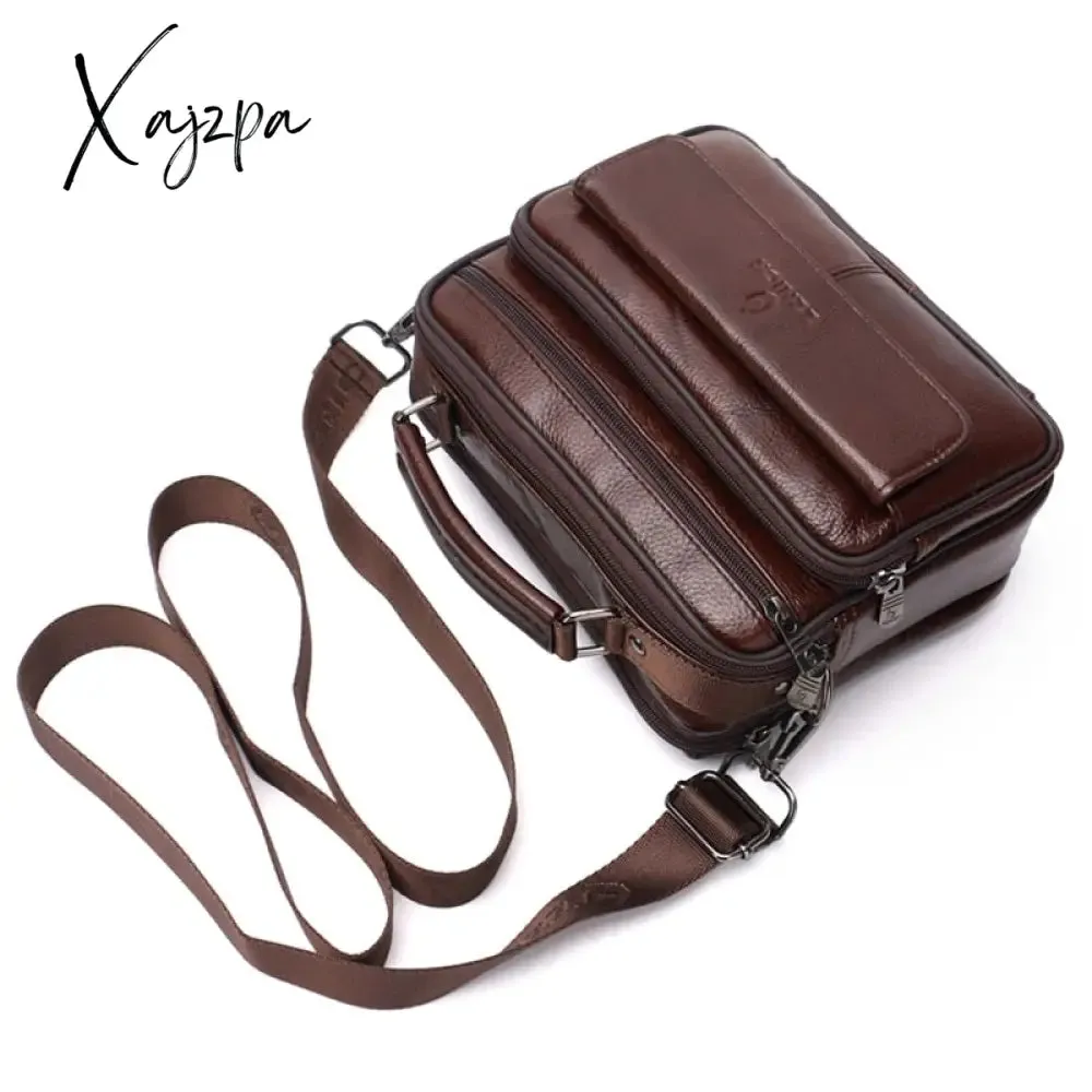 Xajzpa - Genuine Leather Male's Crossbody Bag Casual Business Leather Men's Messenger Bag Vintage Men Big Bag Zipper Shoulder Handbags